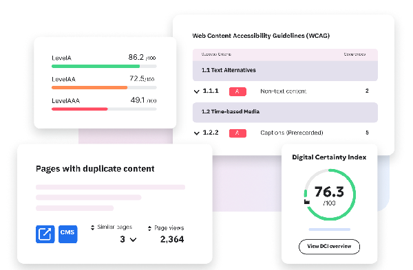 Siteimprove.ai platform dashboard examples including Level A, AA, and AAA conformance progress, the WCAG guidelines with issues, duplicate content check and the Digital Certainty Index scoring
