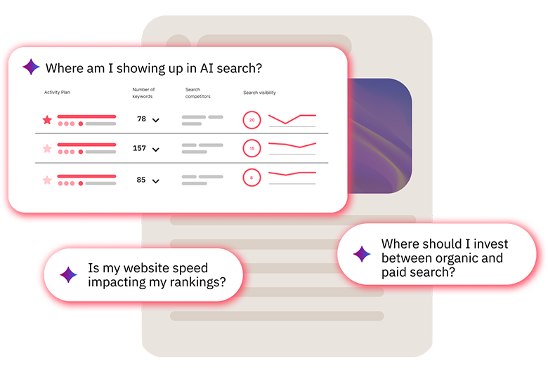 Siteimprove SEO dashboard showing AI search visibility, keyword performance, website speed impact, and organic versus paid search insights.