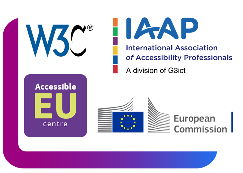 Logos of W3C, IAAP, Accessible EU Centre, and European Commission representing global web accessibility standards and organizations.