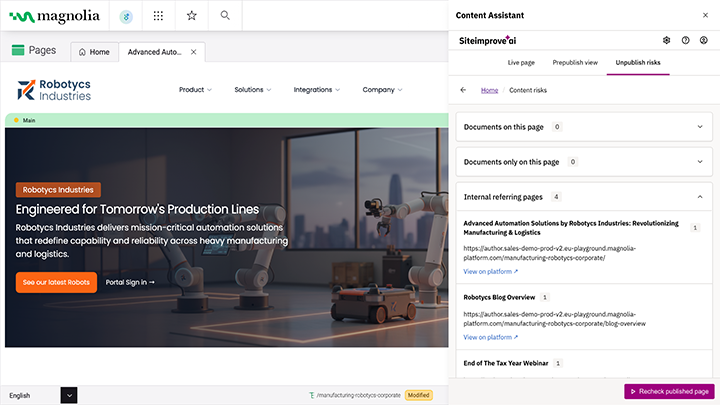 Siteimprove Content Assistant showing internal referring pages and unpublished risks for a Magnolia CMS page.