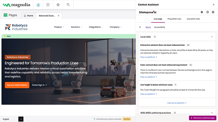 Siteimprove Content Assistant showing WCAG accessibility issues including element size, color contrast, and line height.