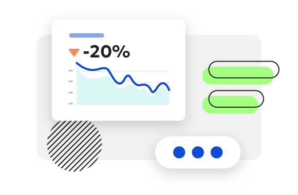 A line chart showing a 20% decline, accompanied by chat bubble icons and progress bars.