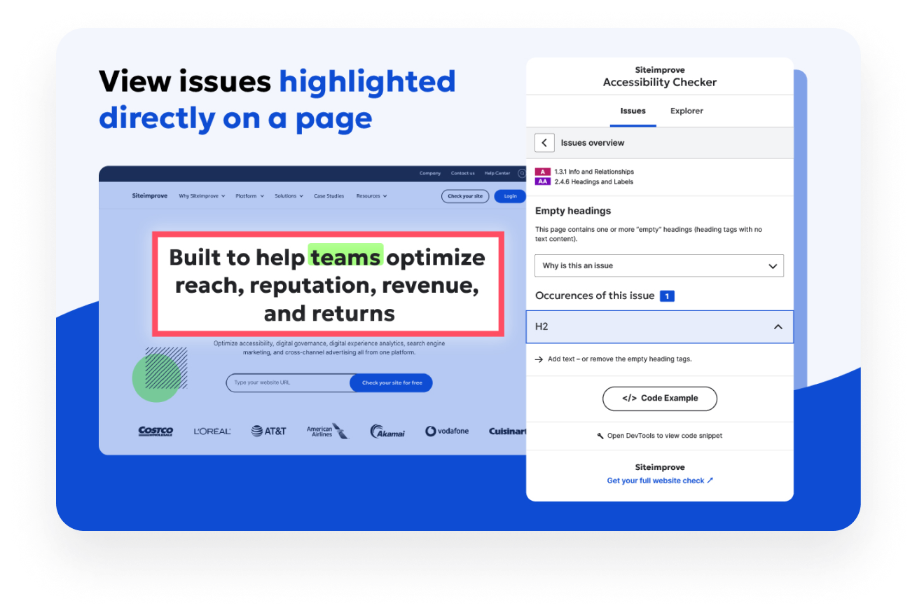 A webpage displaying issues identified by the Siteimprove Accessibility Checker browser extension. On the left, the text 'Built to help teams optimize reach, reputation, revenue, and returns' is highlighted on the website, while missing heading issues are shown in the Accessibility Checker panel on the right.