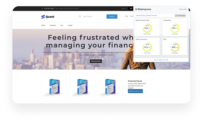 A website is displayed with the Siteimprove Browser Extension open, showing Digital Certainty Index (DCI) scores for Digital Certainty, Accessibility, Quality Assurance, and SEO.