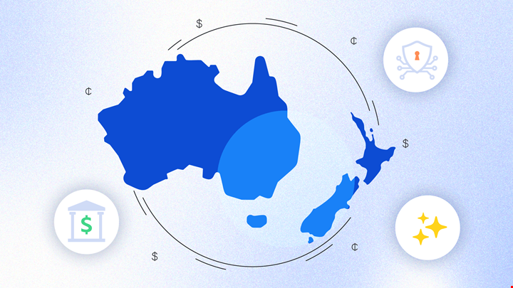 Maps of Australia and New Zealand with icons indicating banking technology.