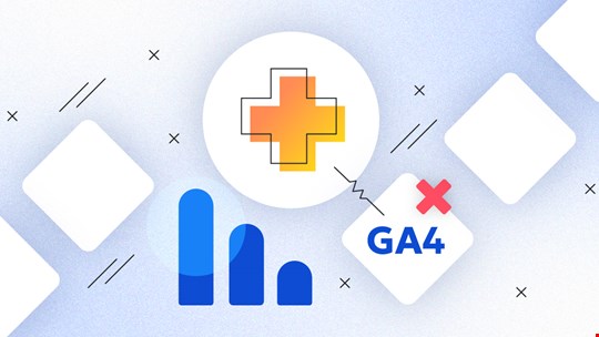 Icons indicating the healthcare industry and web analytics, with a red X by the acronym GA4