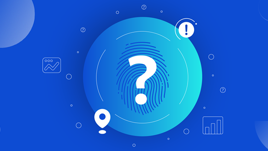 Image of a circle with a question mark on top of a finger print. there are icons around it to imply user data such as location and metrics