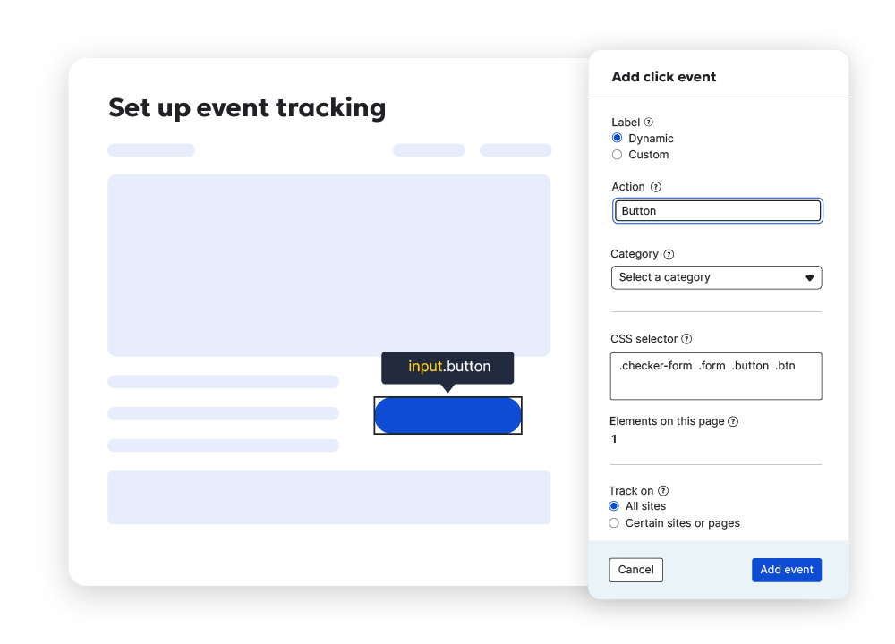 Image of Siteimprove platform showing dashboard for setting up event tracking for a button adding a click event