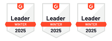 Three award badges, each shaped like a shield with the "G2" logo at the top, and a red banner across the middle stating "Leader Winter 2025".