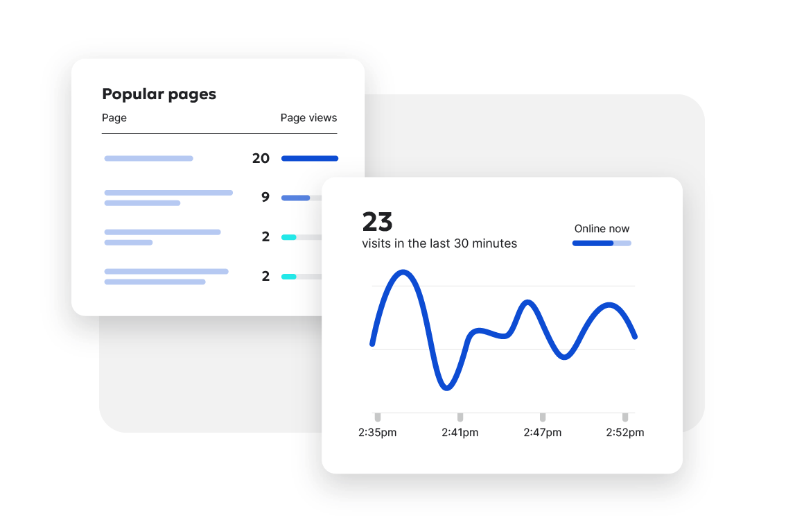 Dashboard showing popular pages with page views and a line graph showing page visits in the last 30 minutes.