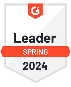 Badge shaped like a shield with the “G2” logo at the top and a red banner across the middle stating “Leader Spring 2024”