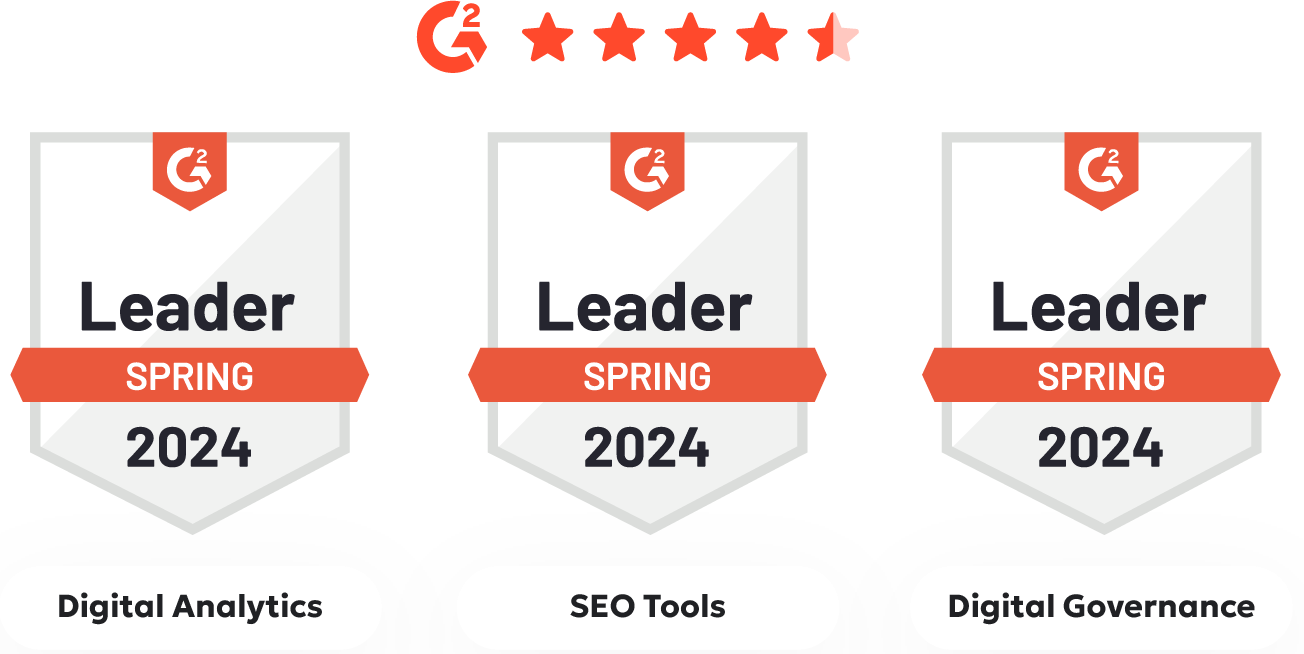 Three award badges, each shaped like a shield with the "G2" logo at the top, five stars beneath the logo, and a red banner across the middle stating "Leader Spring 2024". The badges are labeled as follows: "Digital Governance", "Digital Analytics", and "SEO Tools" 