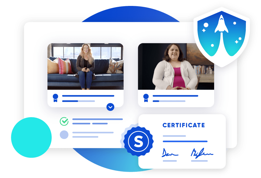 Graphic of a digital verification interface with two thumbnails of videos featuring individuals, as well as a verified status indicator, and a certificate with a signature. The design includes a shield emblem with a rocket soaring towards space.